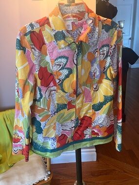 Coldwater Creek Floral Zip-Front Jean Jacket - Yellow, Green, Red